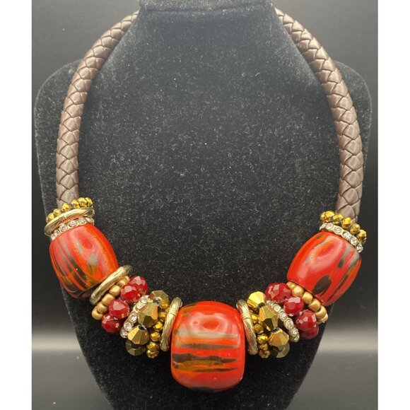 Unbranded Jewelry - Chunky Choker Necklace Red Brown Copper Beads Glamour Braided Leather 17-20"